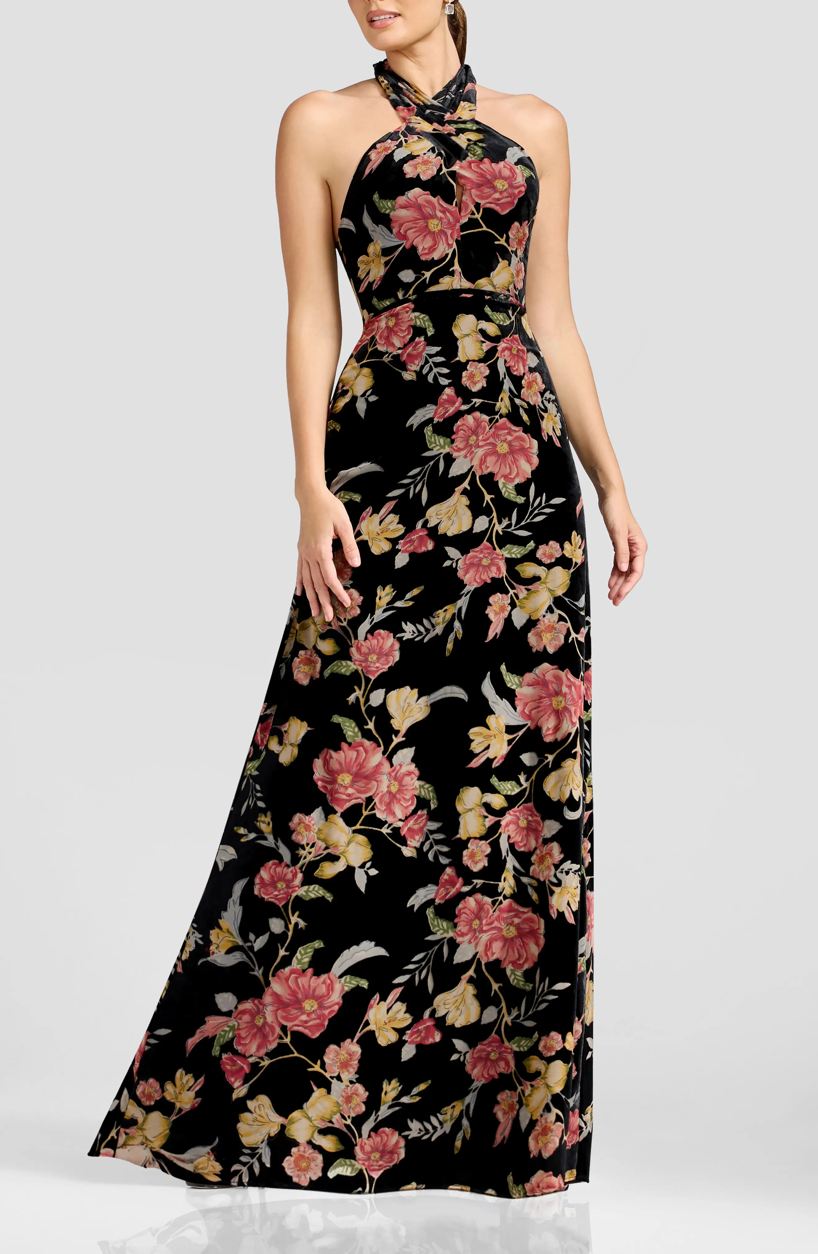 Dress the Population Brighton Floral Burnout Velvet Halter Gown in Black Multi at Nordstrom, Size Xx-Large | Nordstrom