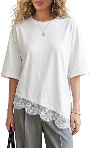 EXLURA Womens Summer Oversized Lace Trim T Shirts 2026 Casual Half Sleeve Asymmetrical Hem Tops L... | Amazon (CA)