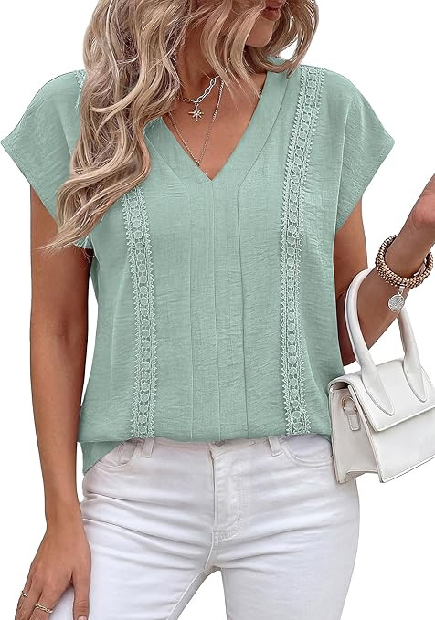 PRETTYGARDEN Blouses for Women Dressy Casual Spring 2026 Cap Sleeve V Neck Lace Trim Boho Tops Wo... | Amazon (US)
