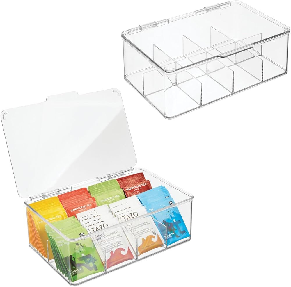 mDesign Plastic Tea Bag Divided Storage Organizer Container Box with Hinge Lid for Kitchen Cabine... | Amazon (US)