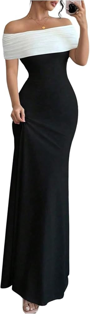 GORGLITTER Women's Off Shoulder Bodycon Maxi Dress Backless Color Block Party Graduation Going Ou... | Amazon (US)