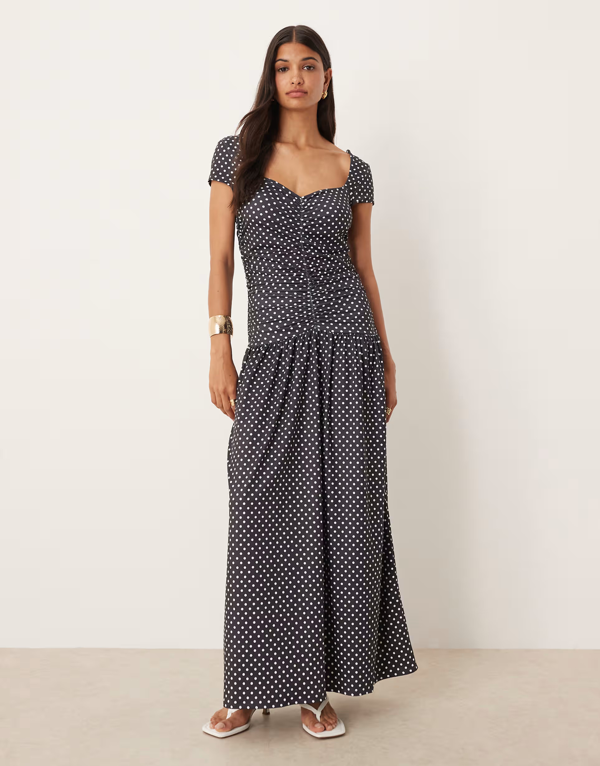 ASOS DESIGN cap sleeve ruched front maxi dress in polka dot | ASOS (Global)