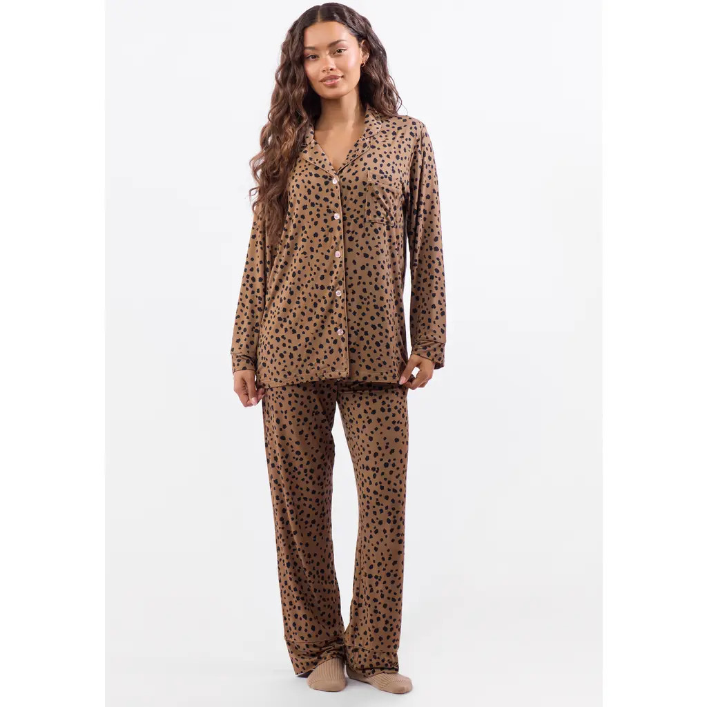 Crickle Daisy A Leopard Doesn't Change Its Spots Long Pajama Set in Light Brown, Black at Nordstrom, Size X-Large | Nordstrom