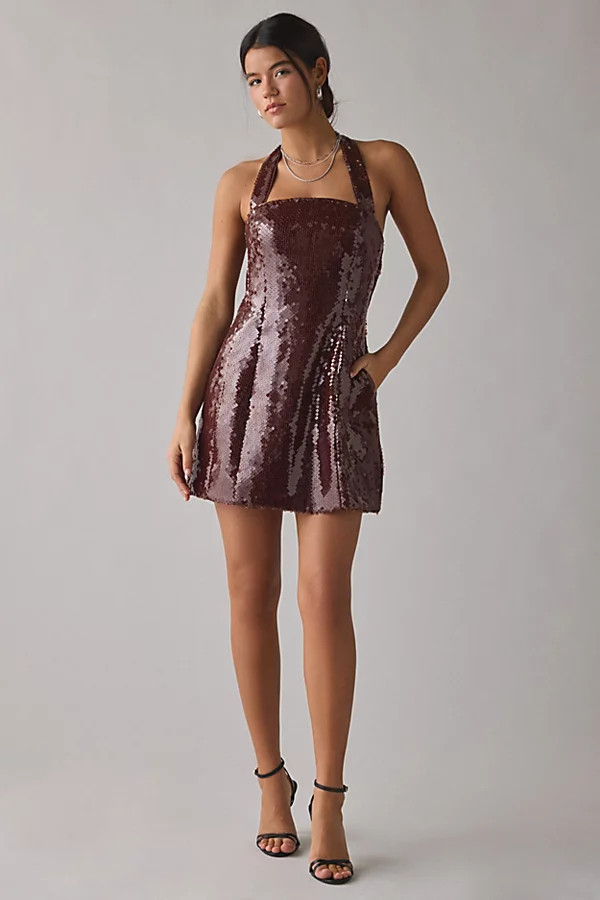 Bardot Nevelle Sequin Halter Fit-And-Flare Mini Dress in Dark Red, Women's at Urban Outfitters | Urban Outfitters (US and RoW)