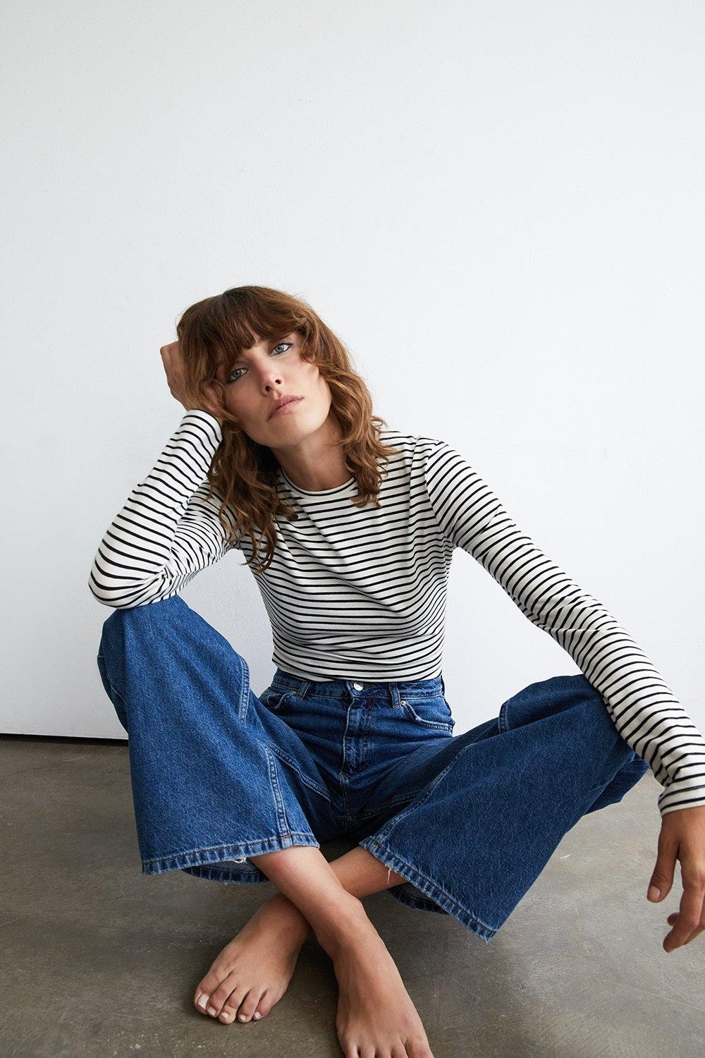 Cotton Stripe Crew Neck Long Sleeve Top | Warehouse UK & IE