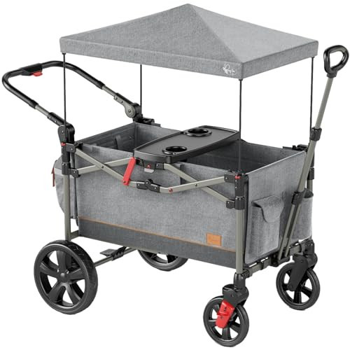 Busy Bee Foldable Wagon Stroller for 2 Kids, Push Pull Collapsible Kids Wagon with Adjustable Handle Bar, Removable Canopy, 5-Point Harness, Shock-Absorbing Wheels, Grey | Amazon (US)