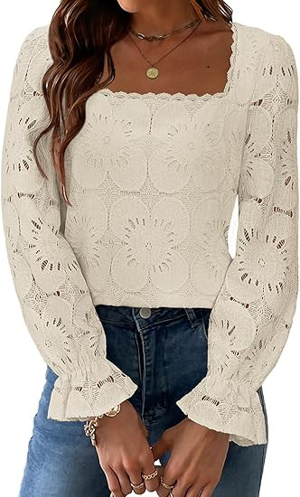 Blouses for Women Dressy Casual Eyelet Square Neck Long Sleeve Embroidered Lace Crochet Boho Tops... | Amazon (US)