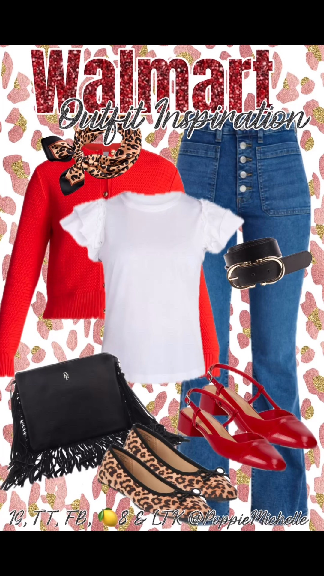 Walmart outfit inspiration – Valentine’s Day outfit. Red texture, cardigan, gold buttons, red cardigan with gold buttons, red thick cardigan with gold buttons, black cardigan with gold buttons, white flutter sleeve T-shirt button fly straight, black blue jeans, straight leg, patch pocket, blue jeans, red sling, back heels, leopard print slip on flats, black fringe purse, black belt, leopard, print, silk scarf.


#LTKValentine #LTKootd #LTKMidsize
