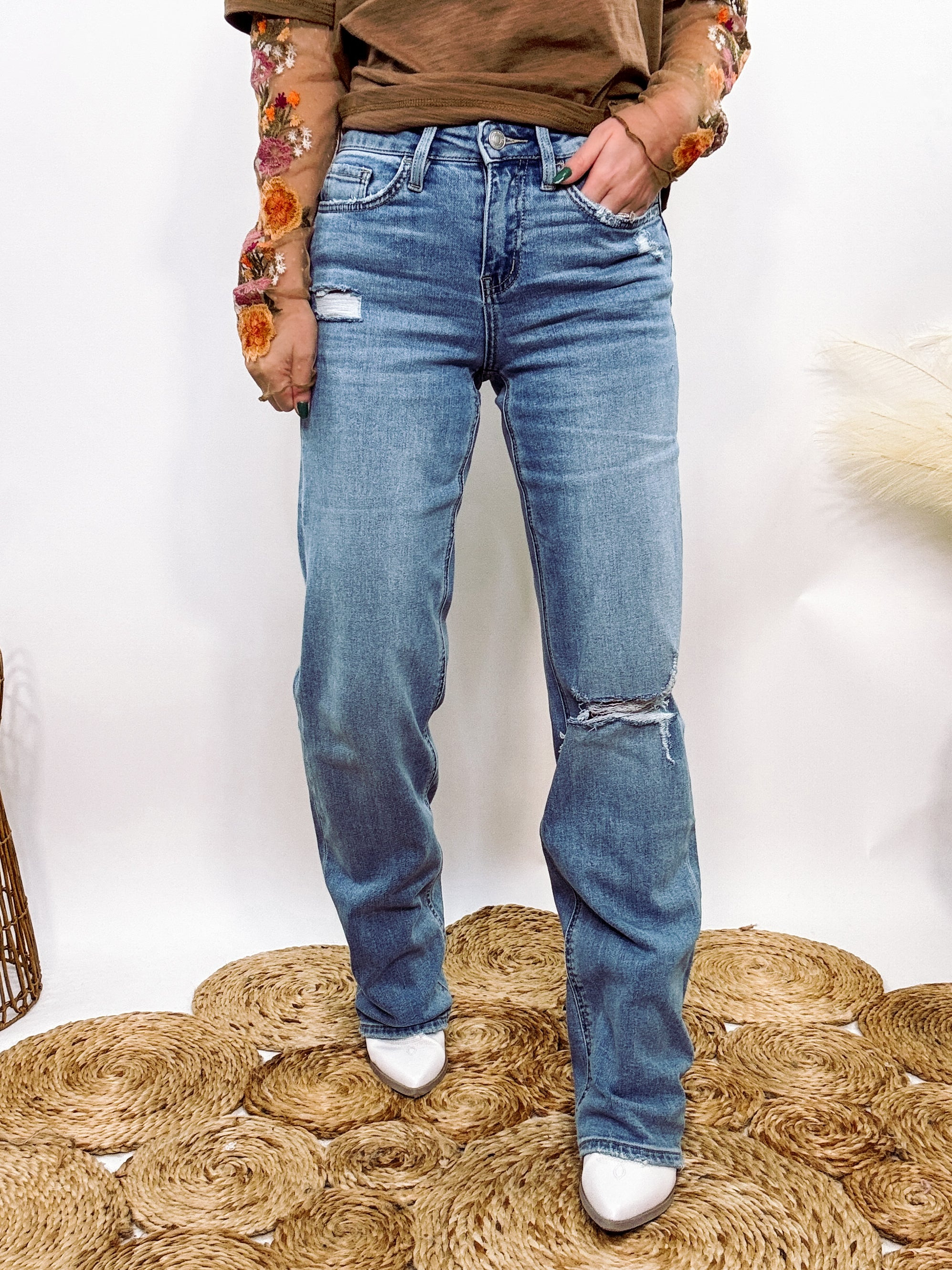 Slim Wide Leg Distressed Jeans by Vervet by Flying Monkey | Bmaes Boutique