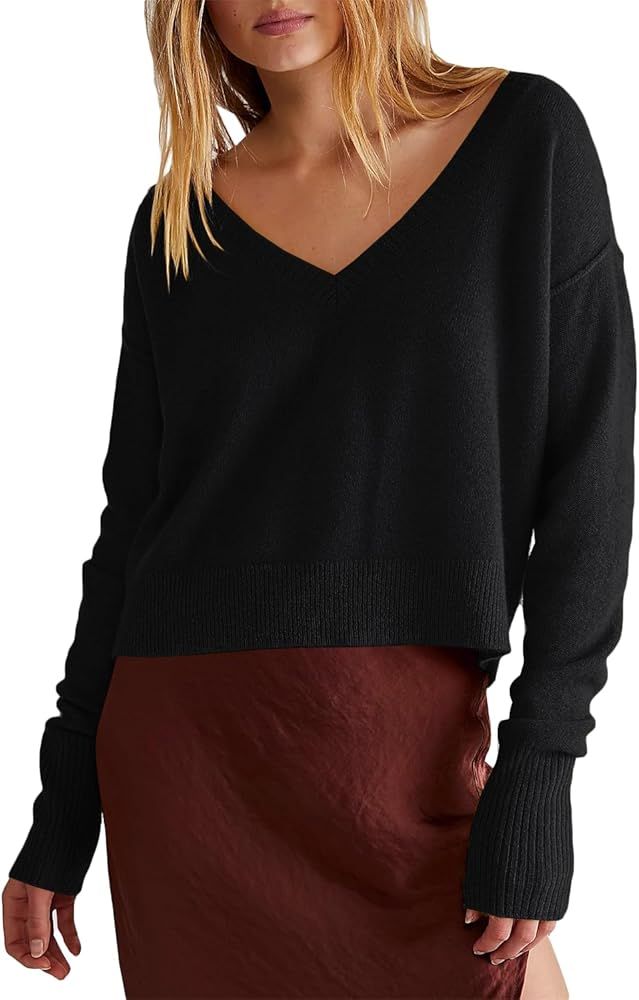Chang Yun Womens Cropped V Neck Sweaters Long Sleeve Cute Soft Knit Fall Casual Loose Pullover Ju... | Amazon (US)