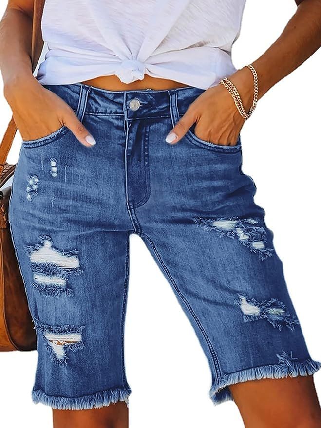 Govc Women's High Rise Ripped Stretchy Denim Bermuda Jean Shorts Frayed Raw Short Jeans | Amazon (US)