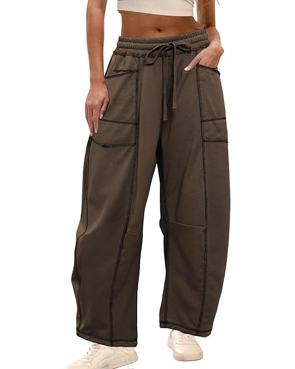 Athlisan Womens Baggy Barrel Pants Wide Leg Lounge Drawstring Sweatpants with Pockets | Amazon (US)
