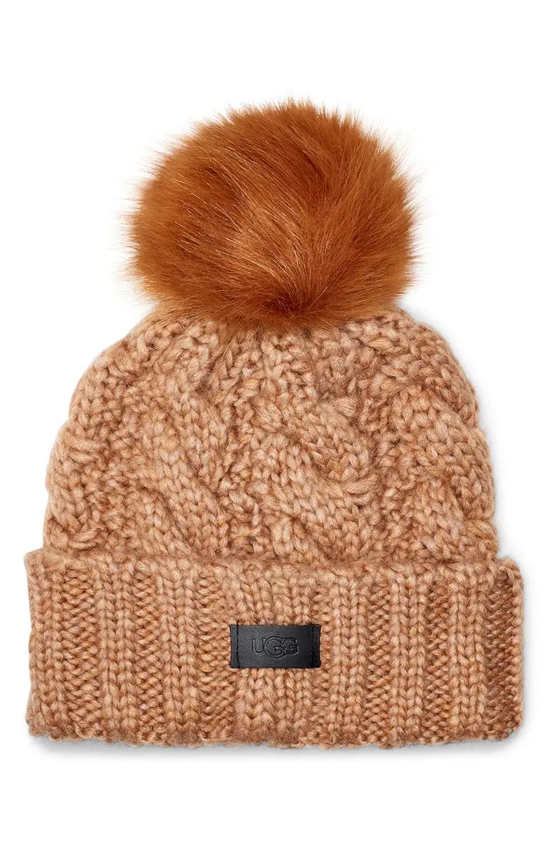 UGG® Cable Knit Beanie with Faux Fur Pom | Nordstrom | Nordstrom