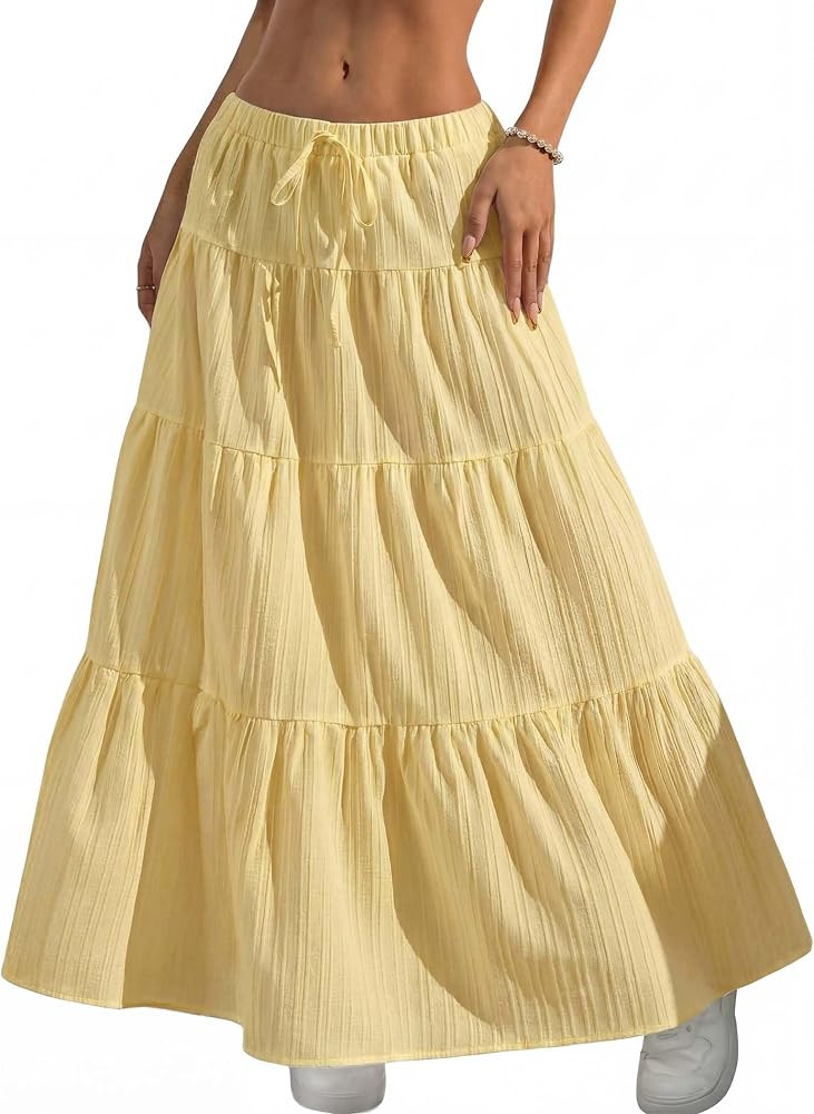 DERAX Womens Summer Boho Maxi Skirt Flowy Elastic High Waisted Flared Ruffle Spring Vacation Beac... | Amazon (US)
