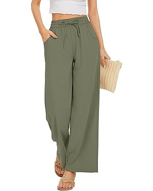 Women Summer Pants Flowy Pants Drawstring Waist Wide Leg Palazzo Beach Pants Loose Fit with Pocke... | Amazon (US)
