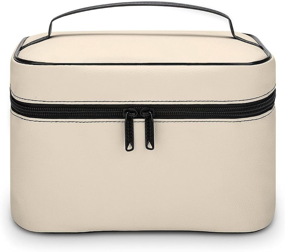 Leather Cosmetic Case, Girly Beige Portable Makeup Bag Organizer Large Capacity Travel Toiletry B... | Amazon (US)