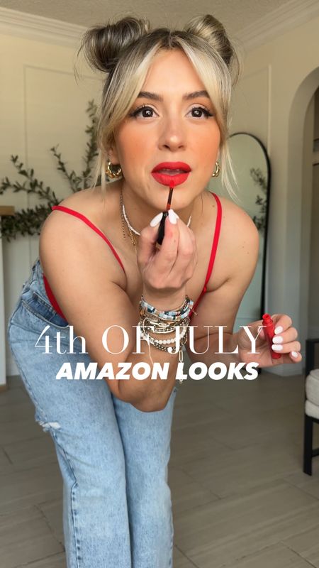 4th of July Amazon outfit ideas 🇺🇸 

✔️Look 1: small red bodysuit | size 28 jeans 
✔️Look 2: medium white button up | denim shorts size 28
✔️Look 3: small red backless tank | small maxi skirt 
✔️Look 4: small tank + linen pants
✔️Look 5: small red dress  
✔️lip color is chili pepper 🌶️ 

If you're looking for more specific pieces for each outfit, get out of this post and you'll see each outfit individually linked here on LTK! 

#LTKFindsUnder50 #LTKStyleTip #LTKU