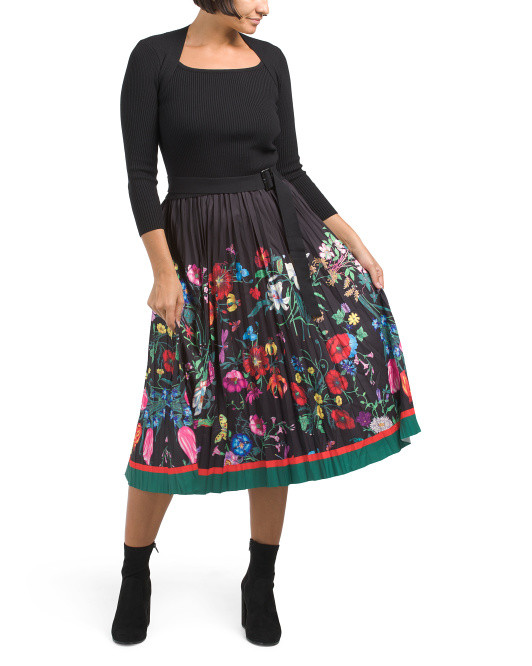 Pleated Floral Skirt Sweater Dress With Square Neck | TJ Maxx