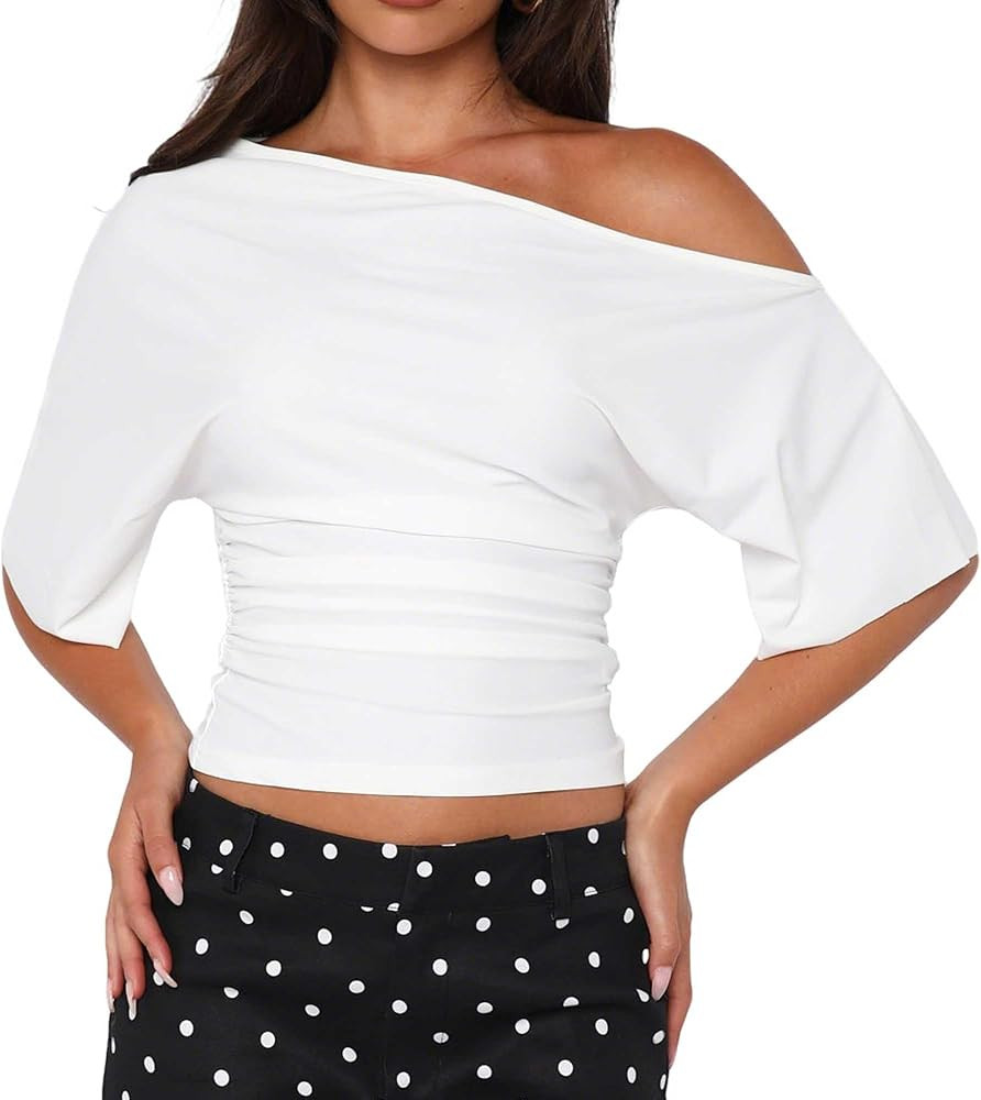 YFANG Women's Off Shoulder Short Sleeve Crop top Ruched Asymmetrical Y2K Going Out T Shirt | Amazon (US)