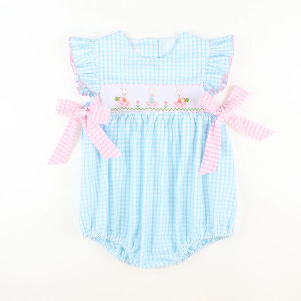 Smocked Easter Bunny Girl Bubble - Sky Check Seersucker | Southern Smocked Co.
