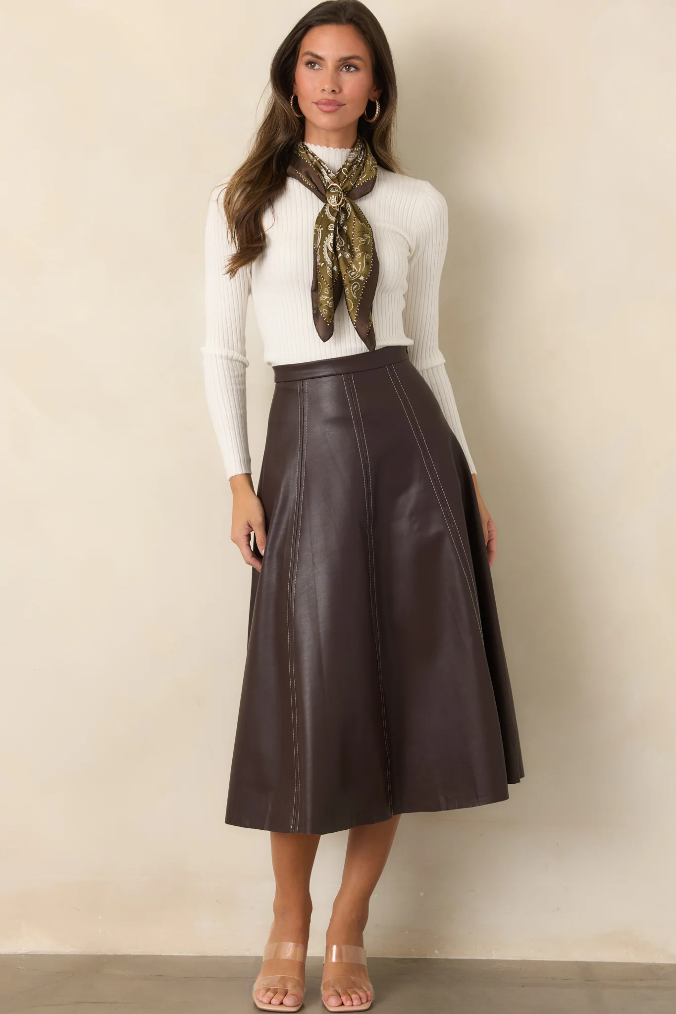 Astrid Wrangler Brown Faux Leather Midi Skirt | Red Dress