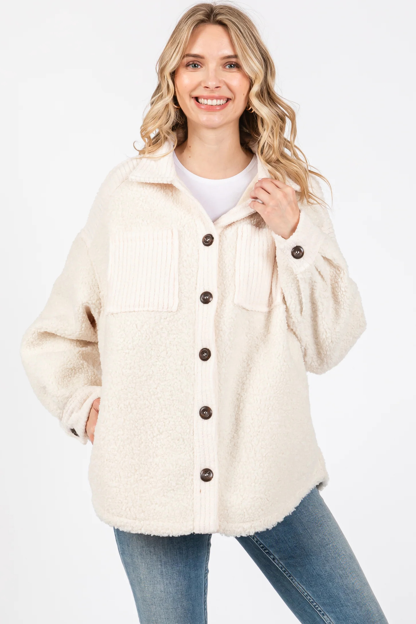 Beige Colorblock Fleece Shirt Jacket | PinkBlush Maternity