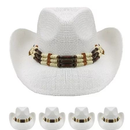 Cream White COWBOY Paper Straw HAT Beads Cowboy Cowgirl Men or Women Lightweight | Walmart (US)