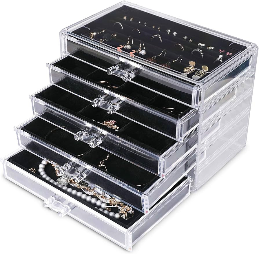 Frebeauty Extra Large Acrylic Jewelry Box for Women 5 Layers Clear Jewelry Organizer Velvet Earri... | Amazon (US)