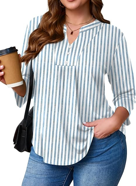 TFSDOD Women Shirts Plus Size 3/4 Sleeve Boho Tops Casual V Neck Dressy Blouses Flowy Business Lo... | Amazon (US)