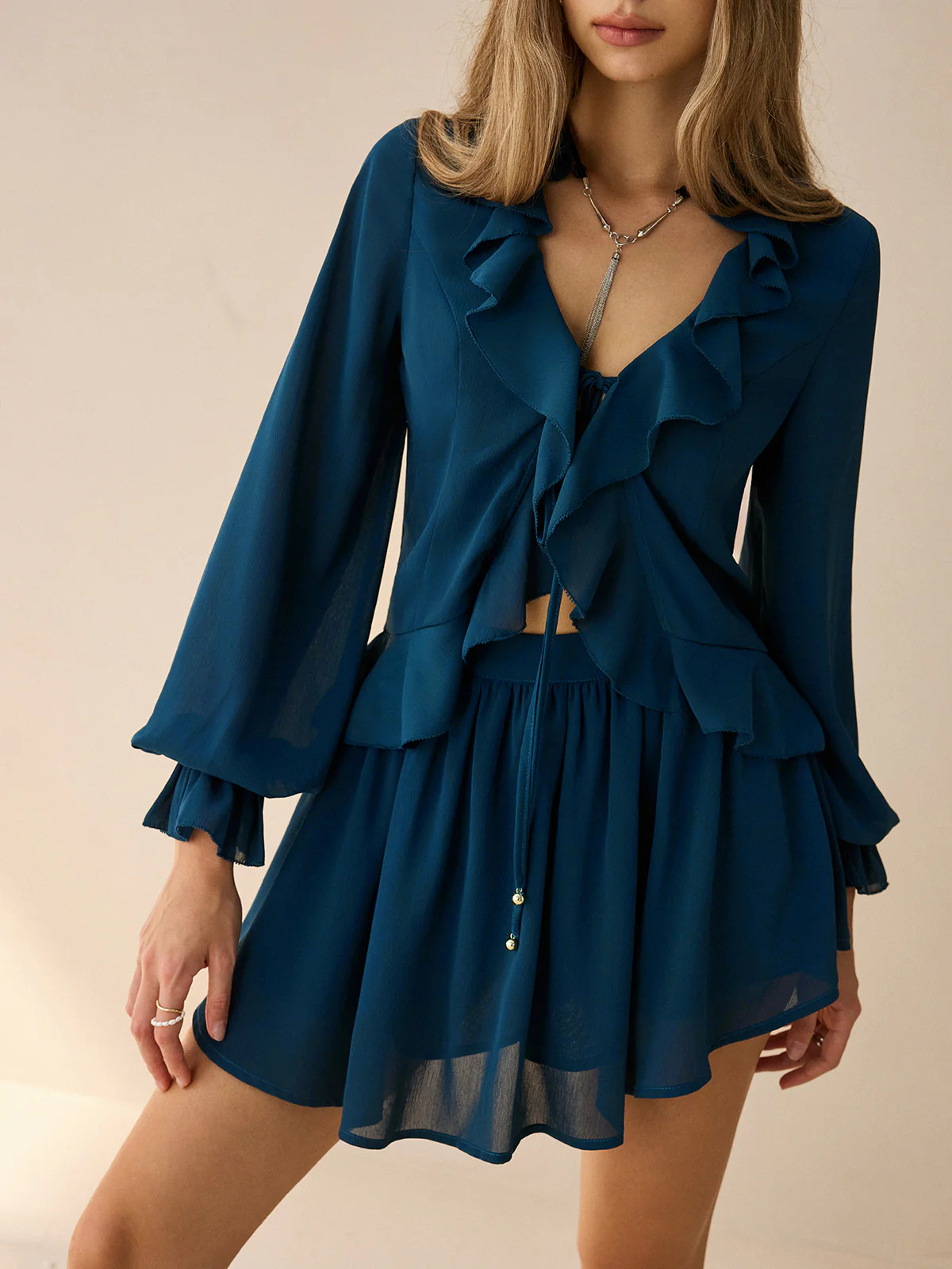 Chiffon Ruffled Long-Sleeve Top and Shorts Set | Commense