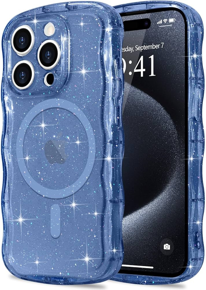 Magnetic for iPhone 15 Pro Max Case Clear, Sparkly Bling Glitter Cute Curly Wave Bumper Cover for... | Amazon (US)