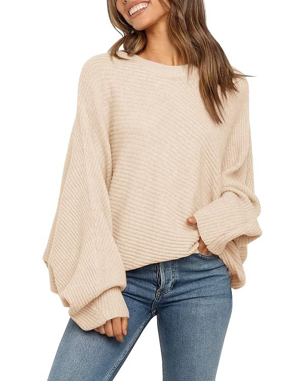 Mafulus Women's Oversized Crewneck Sweater Batwing Puff Long Sleeve Cable Slouchy Pullover Jum... | Amazon (US)