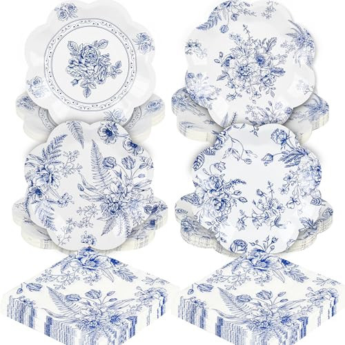 98Pcs Blue Floral Paper Plates Blue and White Floral Plates Napkins Disposable Blue Flower Scalloped Decorative Plate Bridal Dessert Chinoiserie Plate for Wedding Bridal Tea Party Supplies,7 Inch | Amazon (US)