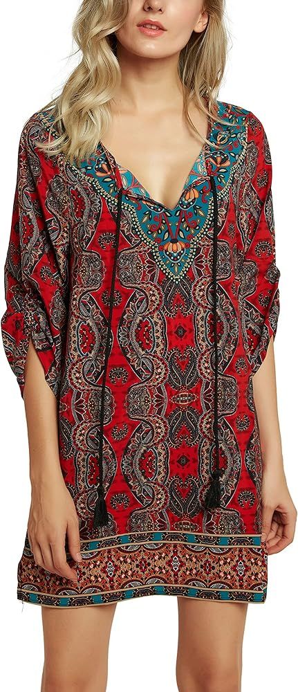 Women Bohemian Neck Tie Vintage Printed Ethnic Style Summer Shift Dress | Amazon (US)