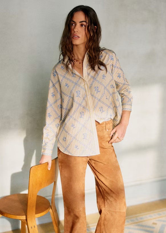 Maxy Shirt - Sézane x Lucia Vergara - Camel Ecru with Crosshatch Blue Details - Organic Cotton -... | Sezane Paris - US