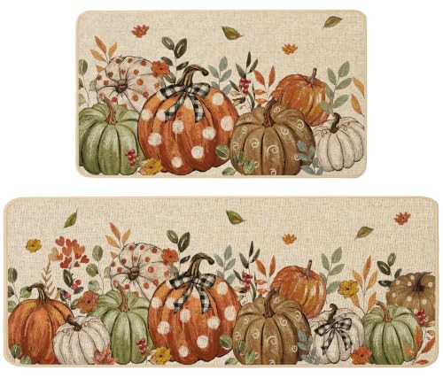 Baccessor Fall Pumpkin Kitchen Rugs Set of 2,Thanksgiving Day Autumn Retro Polka Dot Farmhouse Mats Washable Non Slip Low-Profile Indoor Floor Holiday Hallway Laundry Sink Decor 17x29 and 17x47 Inch | Amazon (US)