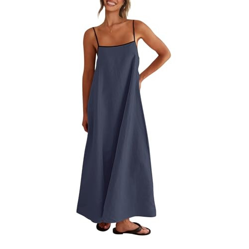 Shy Velvet Women's 2026 Summer Linen Maxi Dress Contrast Spaghetti Strap Dress Backless Casual Party Beach Dresses Gray Blue | Amazon (US)