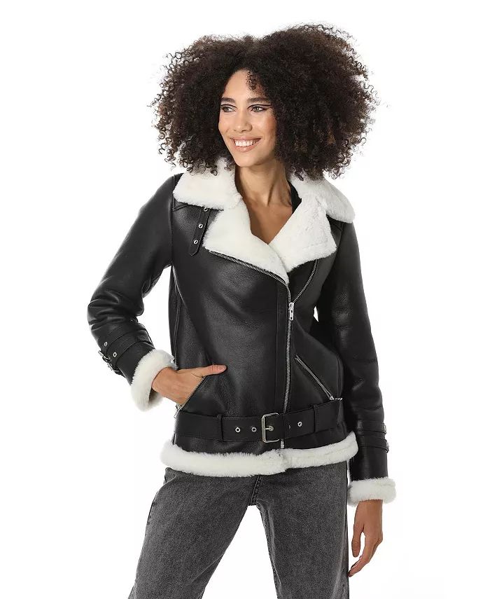 Furniq UK Women's Shearling Belted Biker Jacket, Silky Black with White Wool - Macy's | Macy's