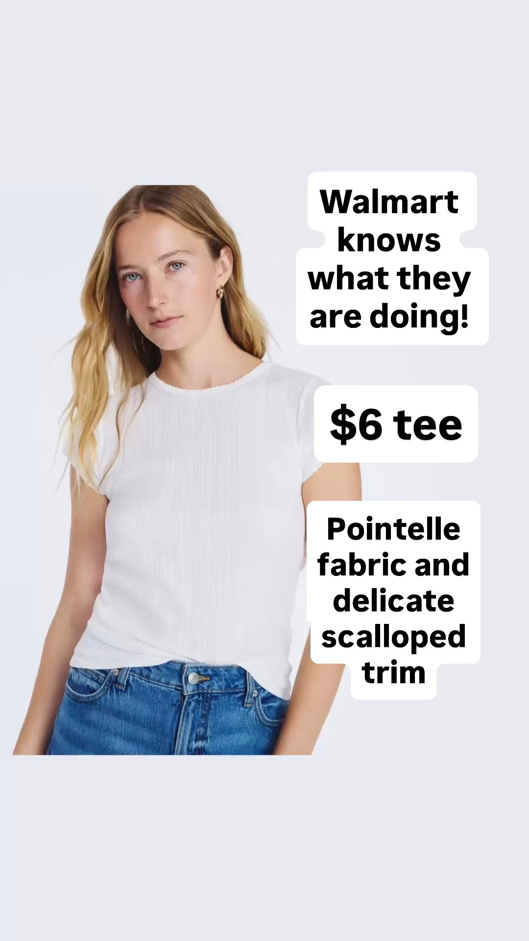 Walmart is really nailing their $6 tees! I love this pointelle t-shirt! It comes in several colors and has a delicate scalloped trim too.
