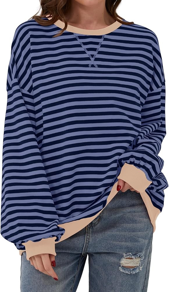 Women Striped Oversized Sweatshirt Color Block Crew Neck Long Sleeve Shirt Casual Pullover Top Fa... | Amazon (US)
