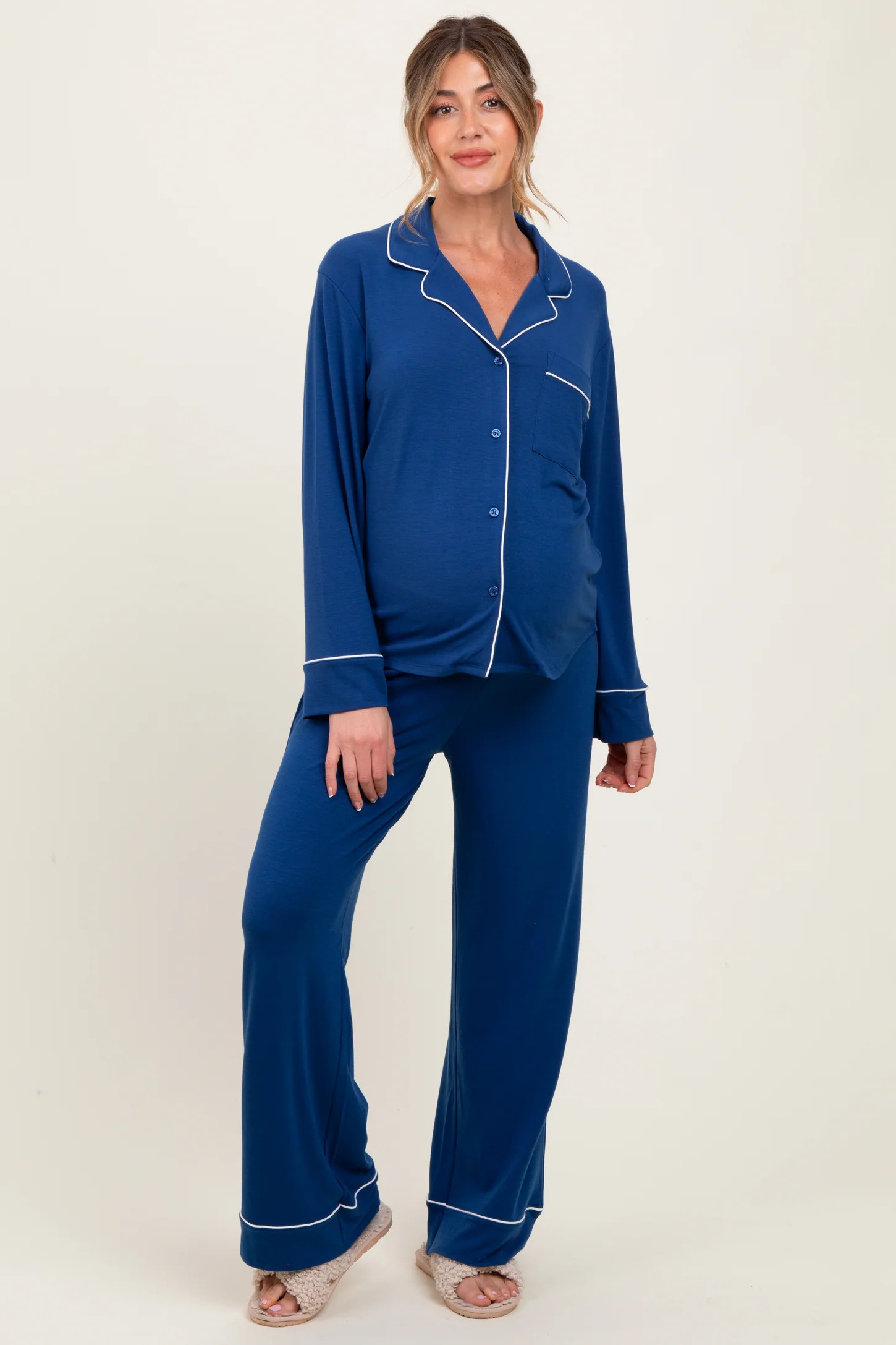 Navy Button Down Top Wide Leg Pant Maternity Pajama Set | PinkBlush Maternity