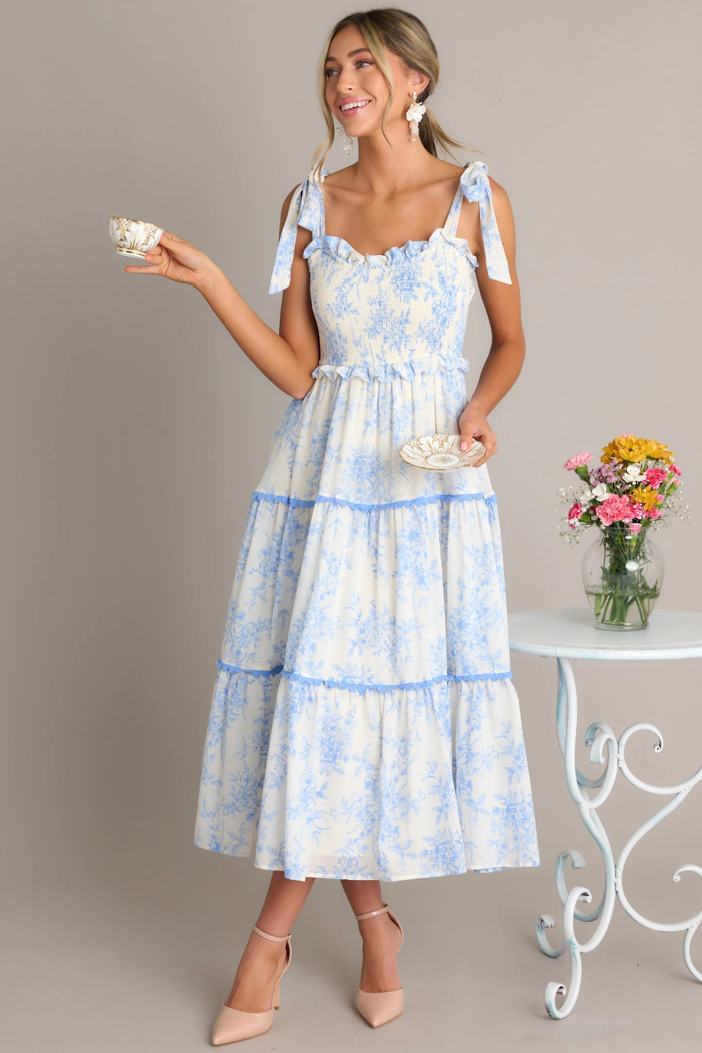 Meadow Serenade Blue Floral Toile Midi Dress | Red Dress