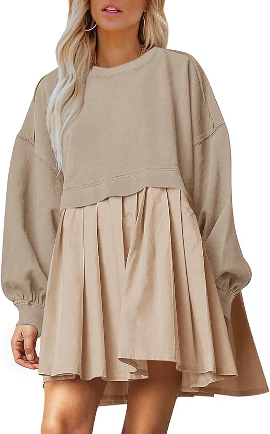 Dokuritu Sweatshirt Dress Women Crew Neck Long Sleeve Patchwork Pullover Tops Flowy Oversized Swe... | Amazon (US)