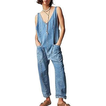 PLNOTME Women's Denim Overall Jumpsuits Sleeveless V Neck Adjustable Straps Jeans Long Pants Romp... | Amazon (US)