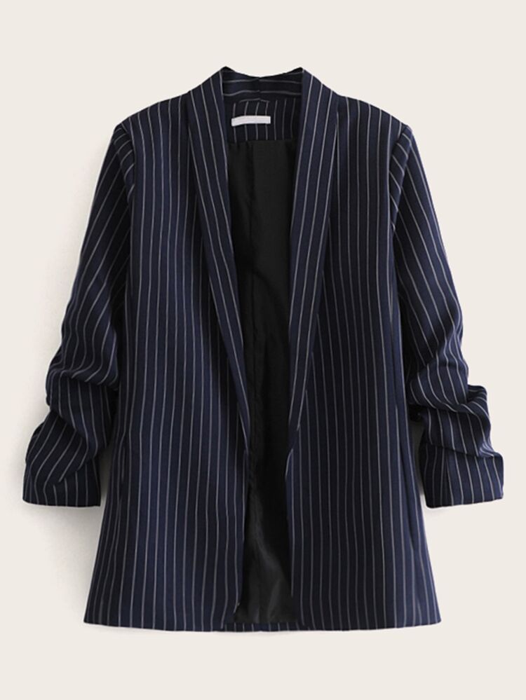 Ruched Sleeve Vertical-Striped Blazer | SHEIN