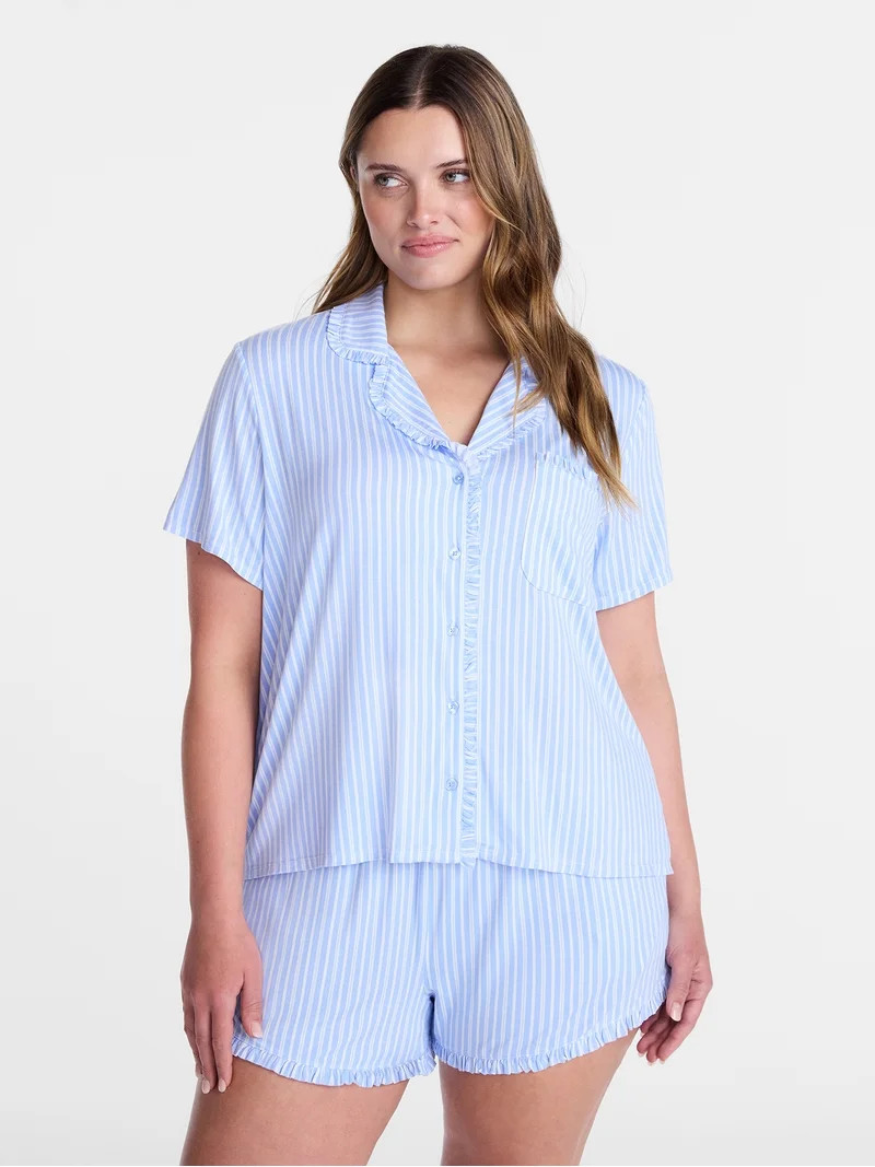 Joyspun Women’s Modal-Blend Ruffle Trim Notch Collar Top and Shorts Pajama Set, 2 Piece, Sizes ... | Walmart (US)