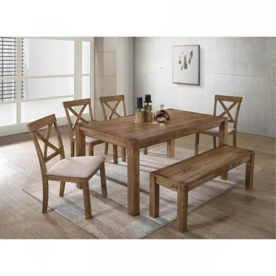 Transitional 6 Pieces Driftwood Dining Set, Antique Oak Wood Finish Dining Table Bench And 4 Side Chairs With Open X-Back, Cushion, Natural Oak | Wayfair North America