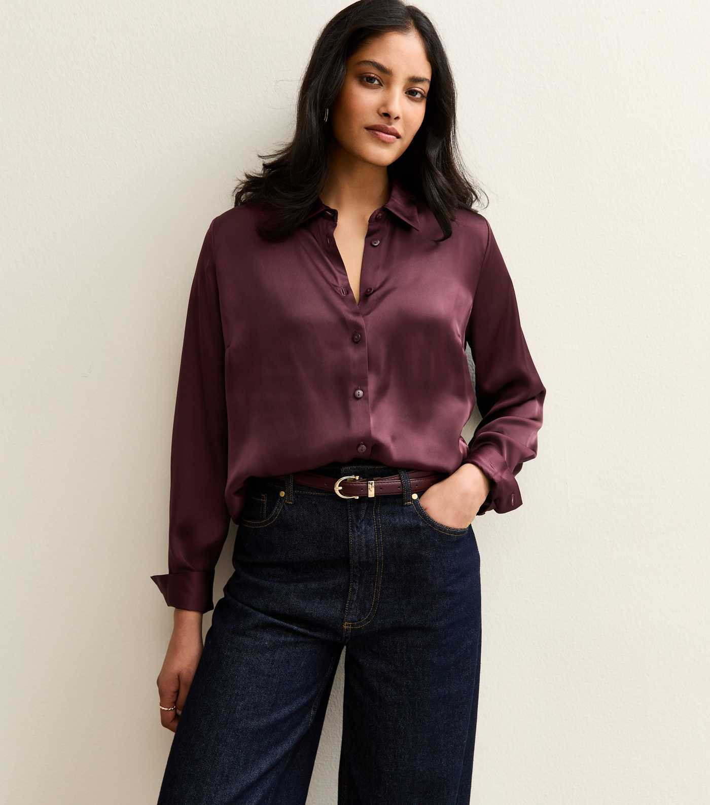 Dark Burgundy Satin Long Sleeve Shirt | New Look | New Look (UK)