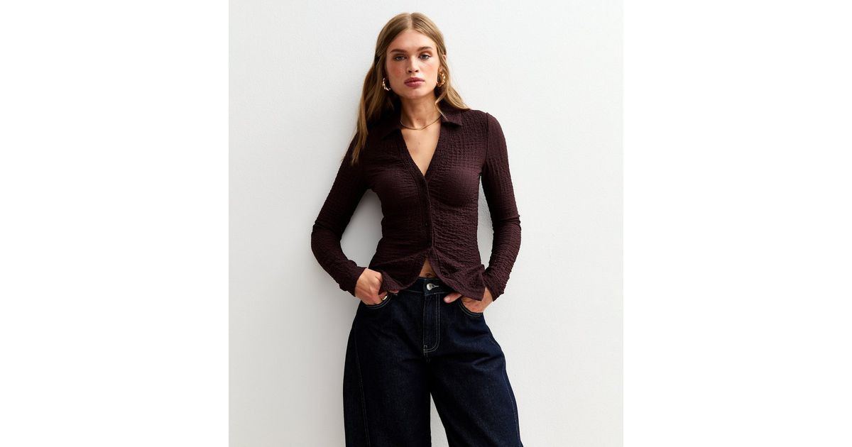 Brown Textured Jersey Collared Long Sleeve Top | New Look | New Look (UK)