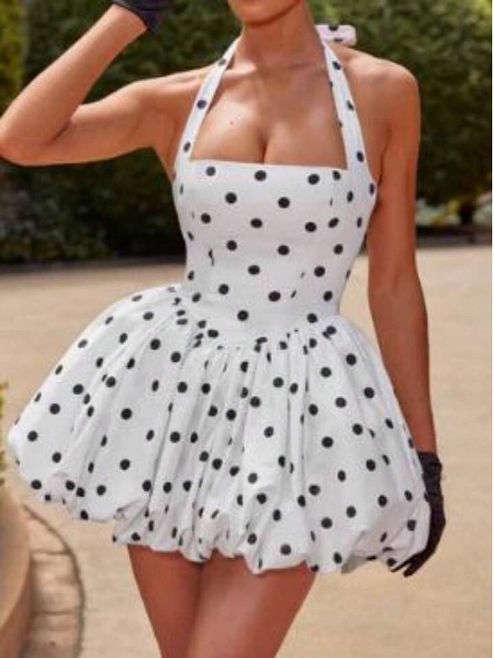 Women Sleeveless Halter Dress Summer Casual Tie Up Backless Corset Bubble Party Dress For Beach C... | SHEIN